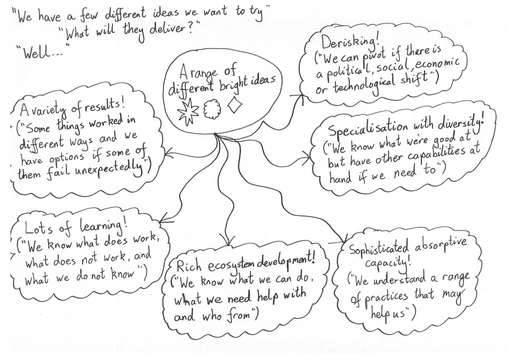 Description of some of the different potential outcomes of pursuing a range of different ideas