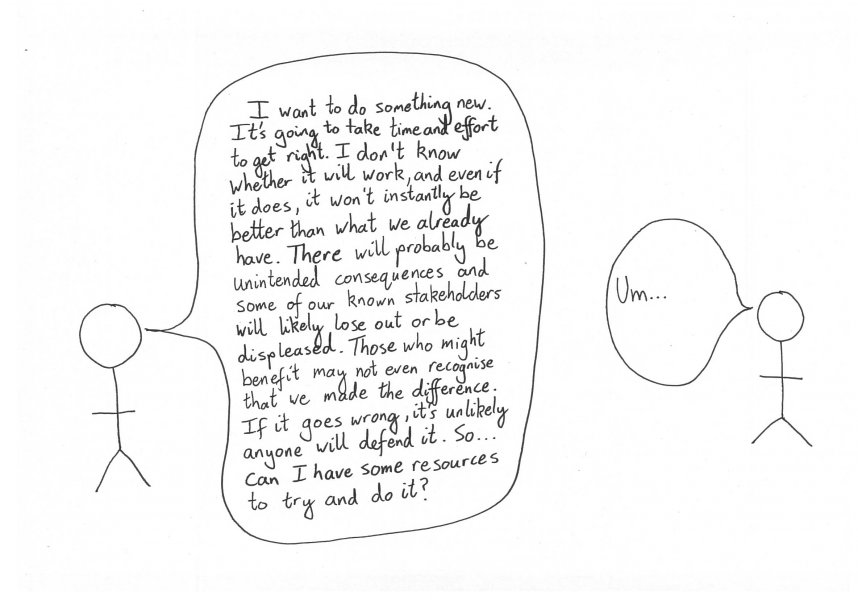 One person pitching an idea to another, spelling out all of the caveats that come with an innovation