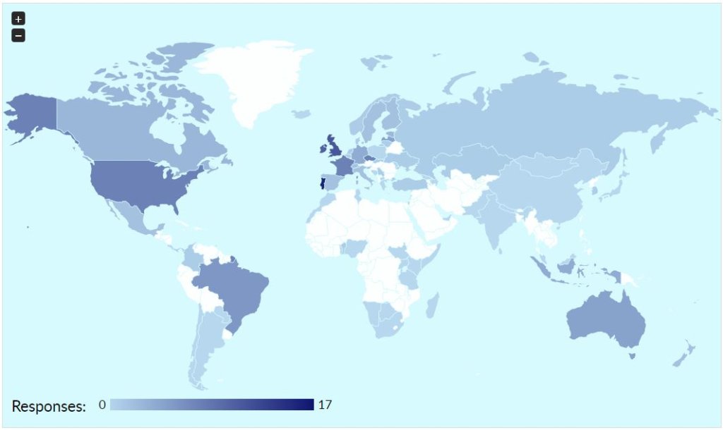 World map with countries coloured according to the number of innovative responses
